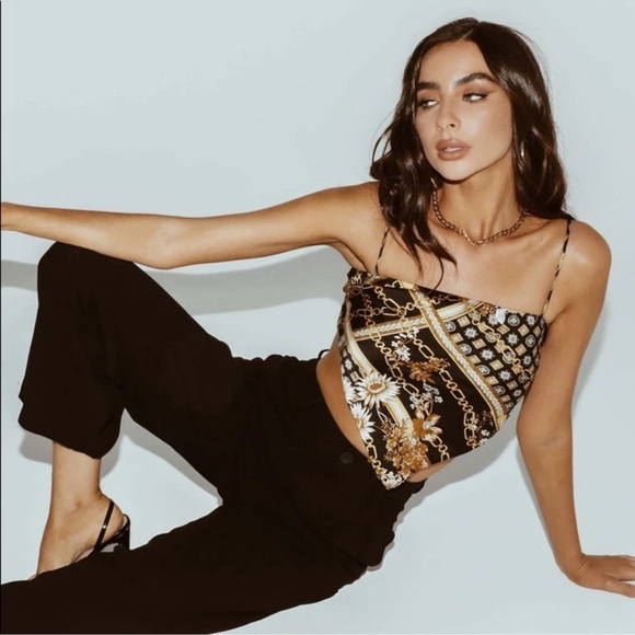 Princess Polly Floral Black Gold‎ Satin Scarf Top Cropped Tank Size 2 NWOT - Picture 2 of 9